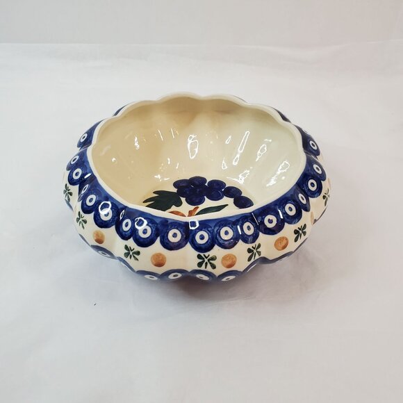 Vtg Janusz Jakubowski Hand-Painted Polish Pottery Small Bowl Blueberry & Pumpkin - Picture 2 of 8